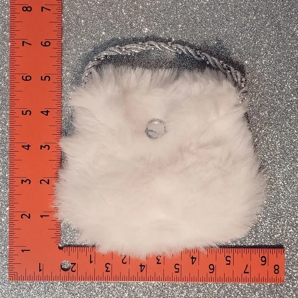 Soft White Faux Fur Purse Small Silver Handle Bling Detail Satin Lined Holiday